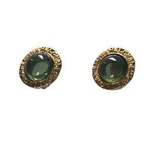 Chanel Vintage Green Glass Clip On Earrings Gold Tone Round Large